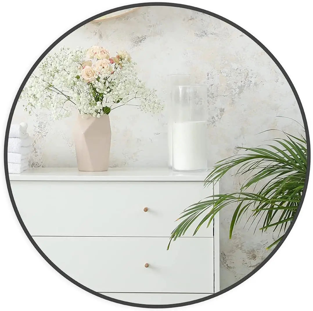 30" Modern Round Wall Mirror – Matte Black Aluminum Frame