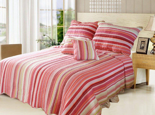 Boho Reversible Quilt Set - Vibrant Pink & Red Stripes